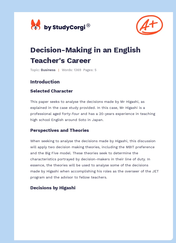 Decision-Making in an English Teacher's Career. Page 1