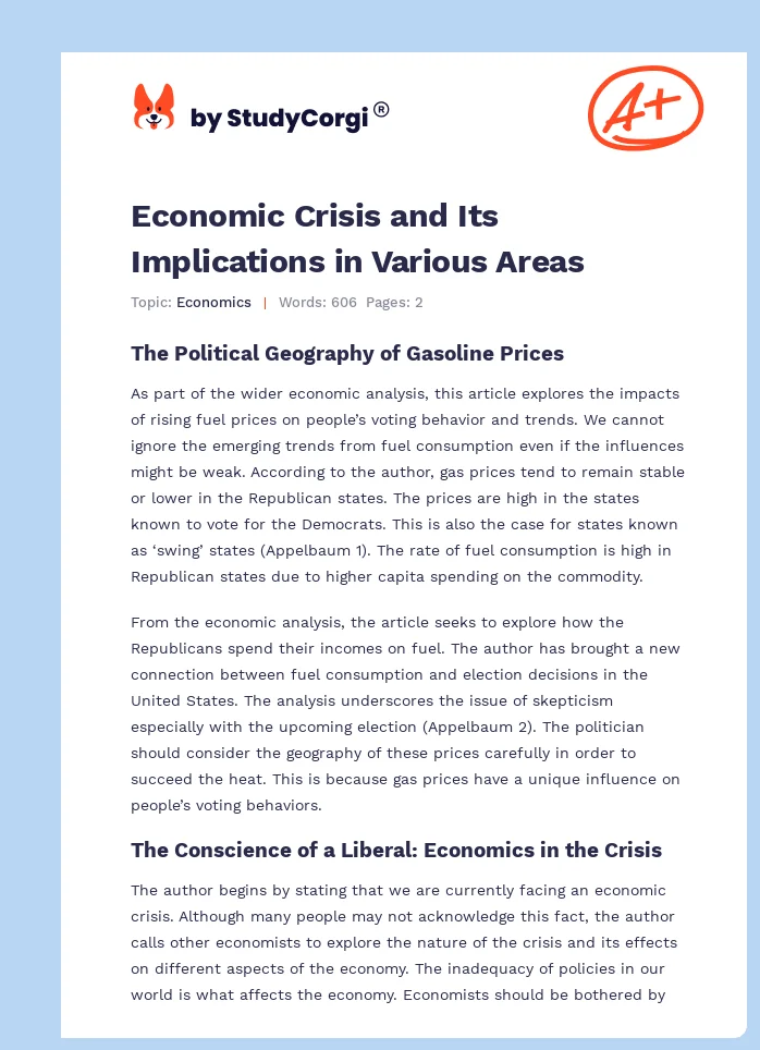 Economic Crisis and Its Implications in Various Areas. Page 1