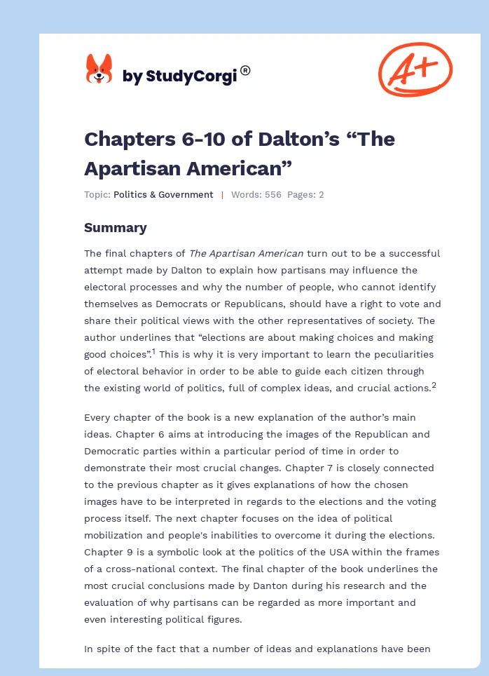 Chapters 6-10 of Dalton’s “The Apartisan American”. Page 1