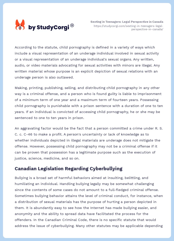 Sexting in Teenagers: Legal Perspective in Canada. Page 2