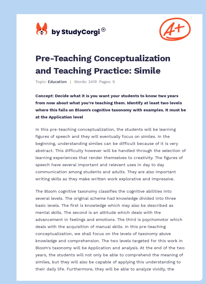 Pre-Teaching Conceptualization and Teaching Practice: Simile. Page 1