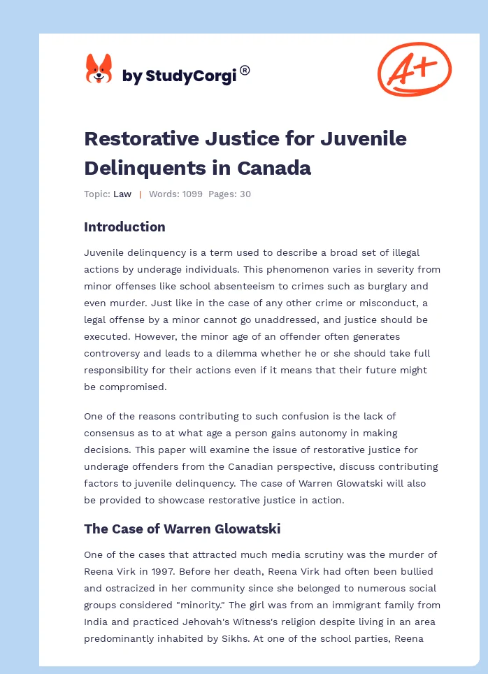 Restorative Justice for Juvenile Delinquents in Canada. Page 1