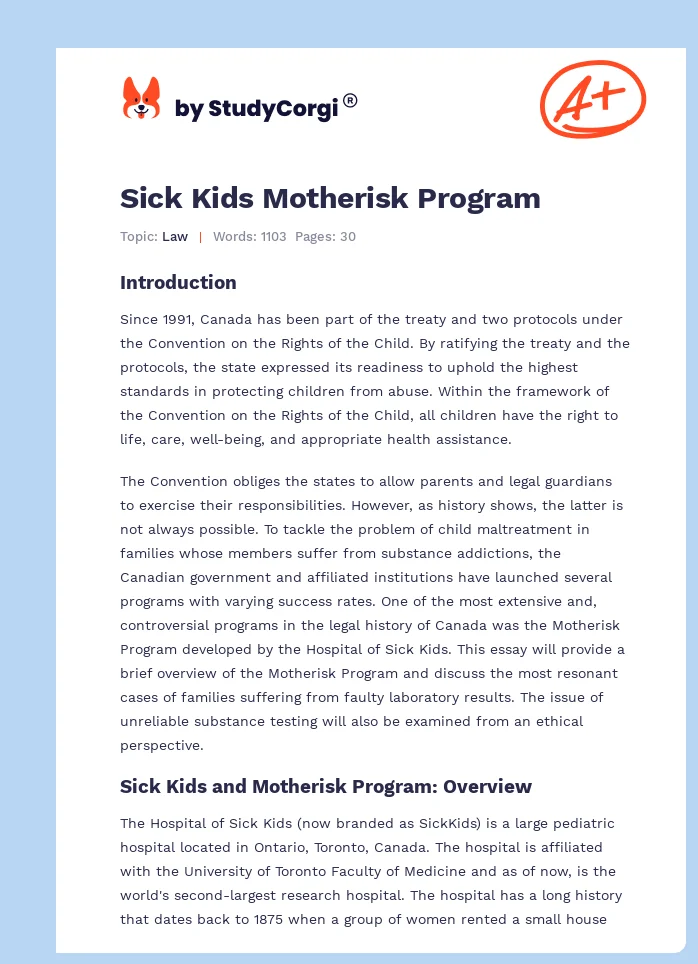 Sick Kids Motherisk Program. Page 1
