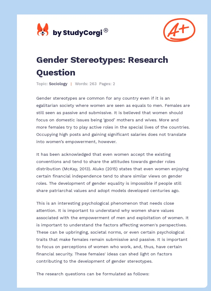 Gender Stereotypes: Research Question. Page 1