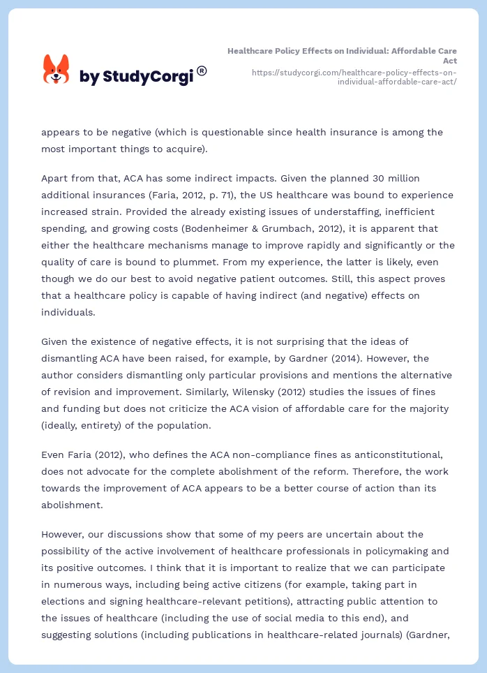 Healthcare Policy Effects on Individual: Affordable Care Act. Page 2