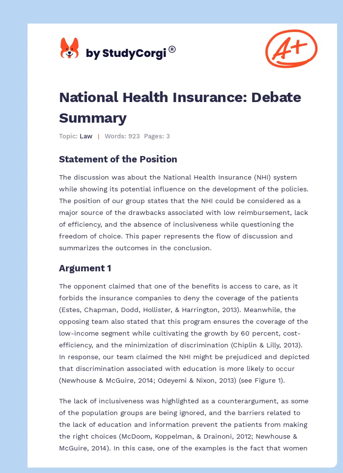 National Health Insurance: Debate Summary. Page 1