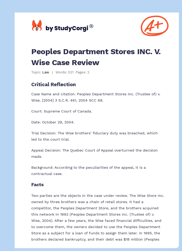 Peoples Department Stores INC. V. Wise Case Review. Page 1