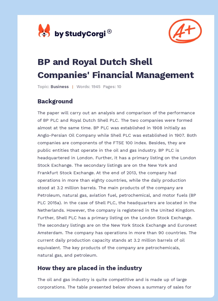 BP and Royal Dutch Shell Companies' Financial Management. Page 1