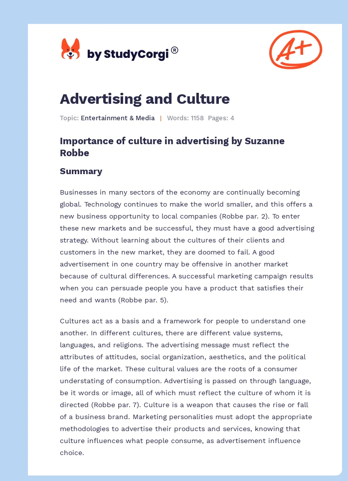 Advertising and Culture. Page 1