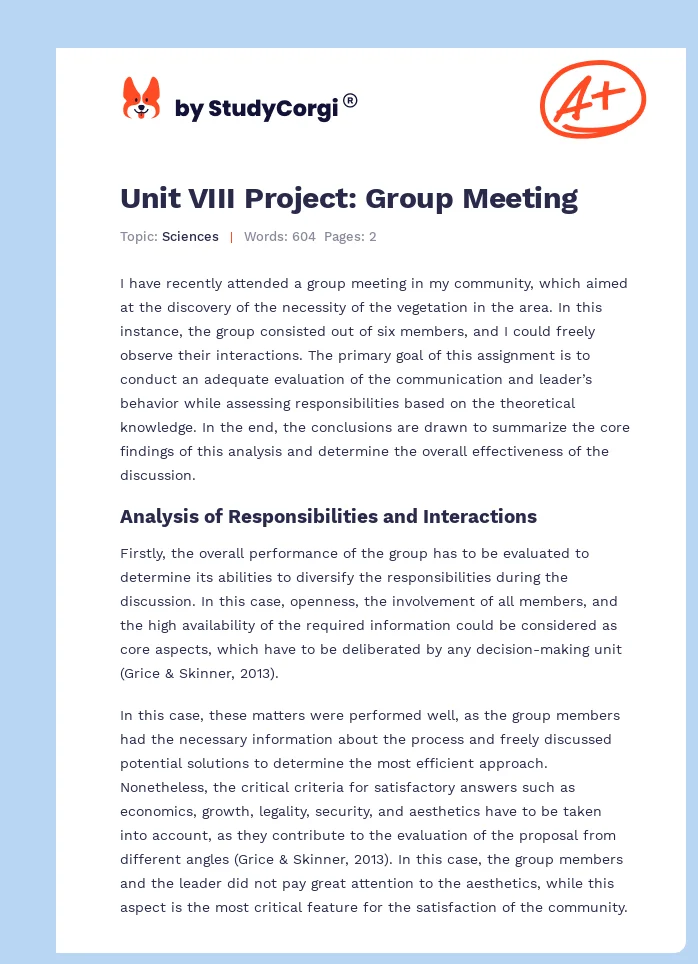 Unit VIII Project: Group Meeting. Page 1