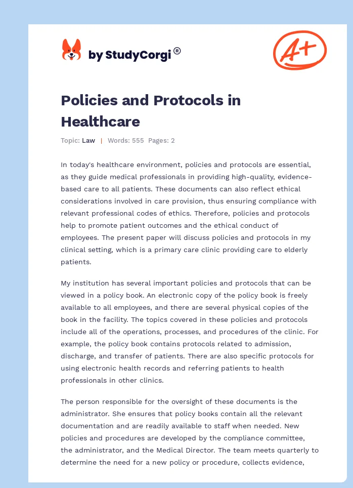 Policies and Protocols in Healthcare. Page 1