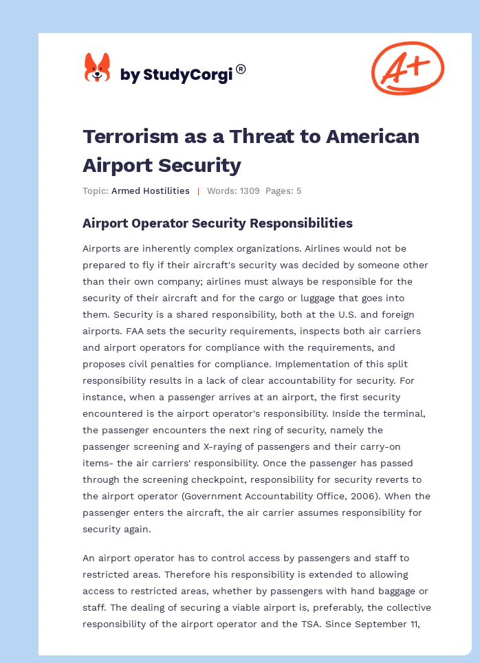 Terrorism as a Threat to American Airport Security. Page 1