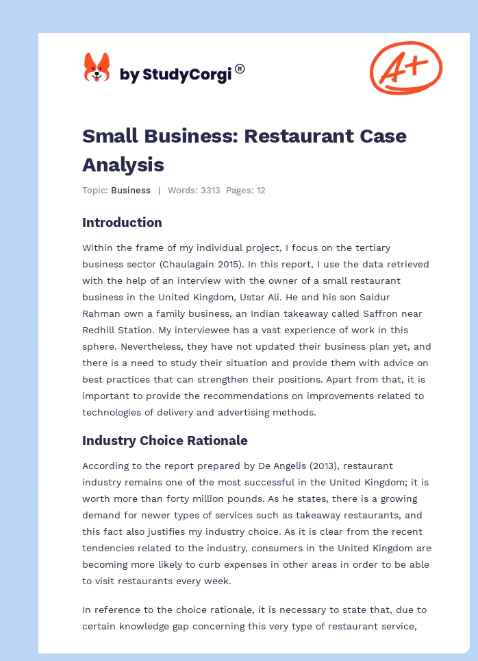 Small Business: Restaurant Case Analysis. Page 1