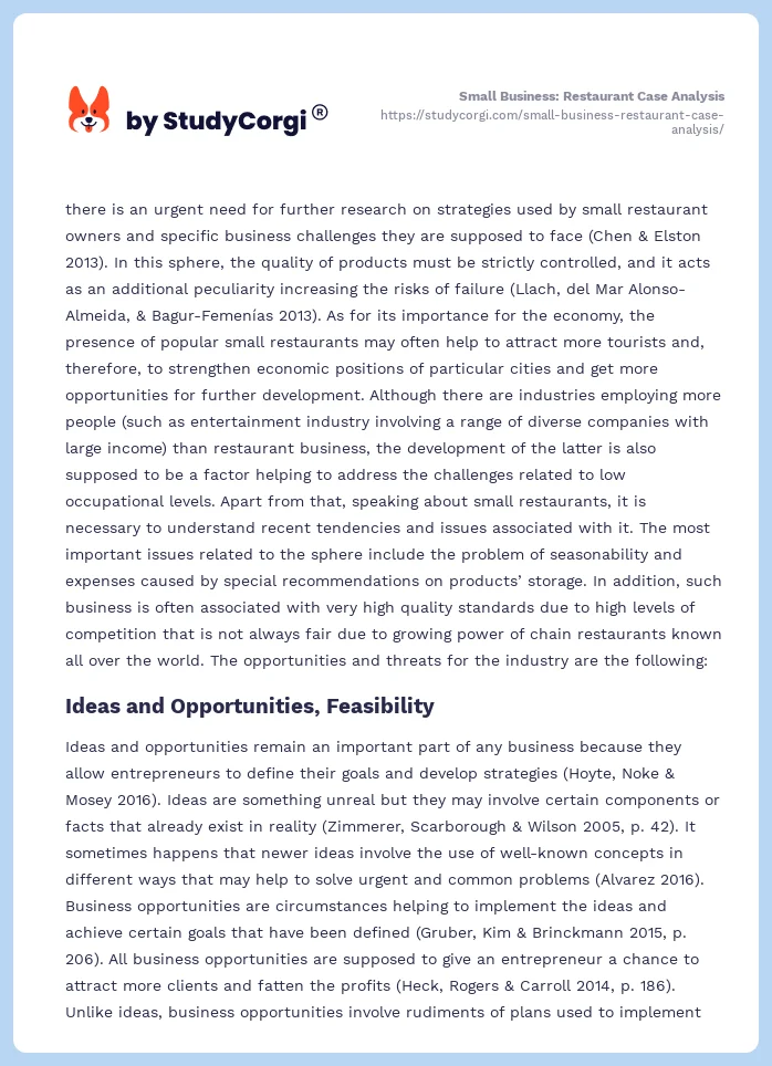 Small Business: Restaurant Case Analysis. Page 2