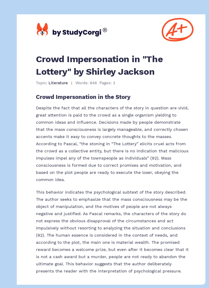 Crowd Impersonation in "The Lottery" by Shirley Jackson. Page 1