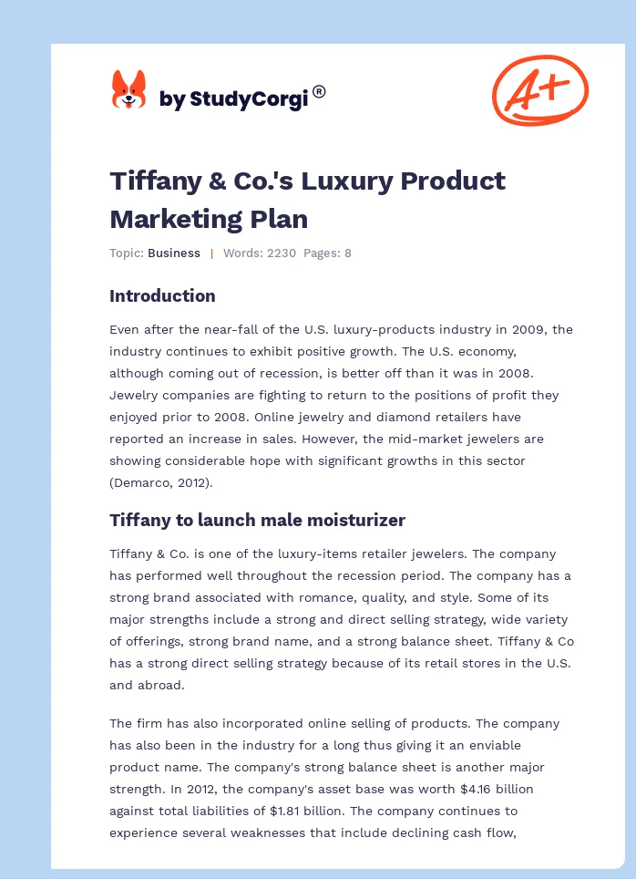 Tiffany & Co.'s Luxury Product Marketing Plan. Page 1