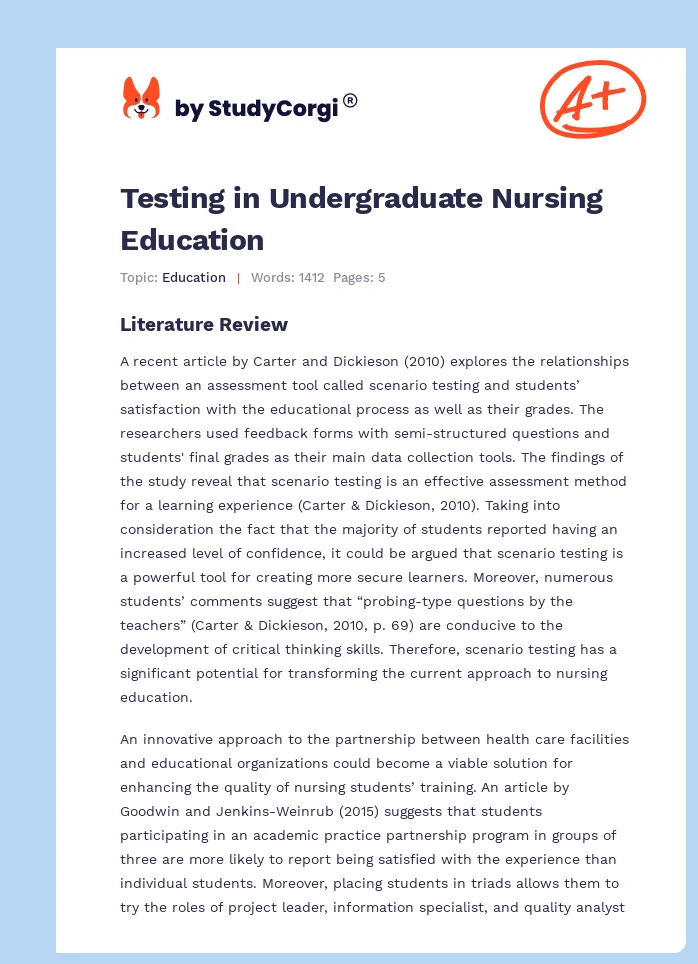 Testing in Undergraduate Nursing Education. Page 1