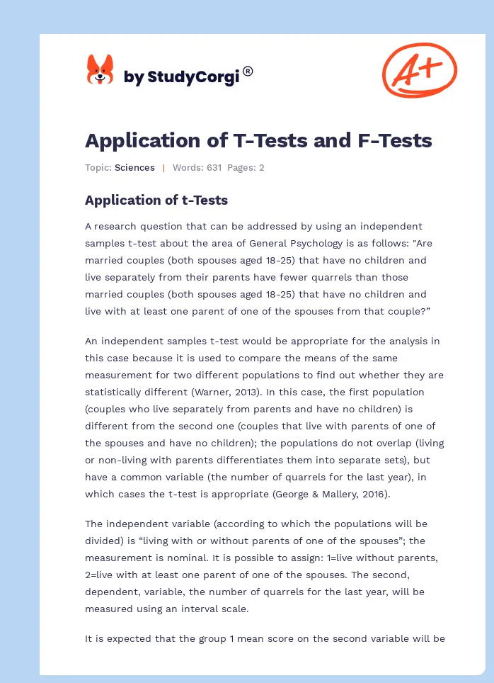 Application of T-Tests and F-Tests. Page 1
