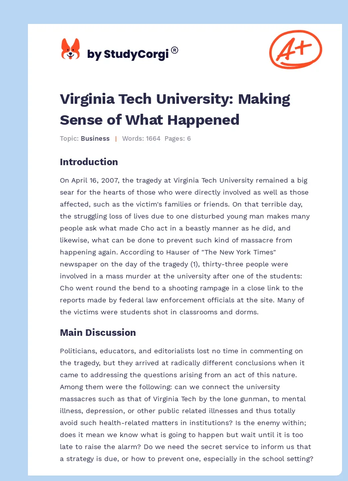 Virginia Tech University: Making Sense of What Happened. Page 1