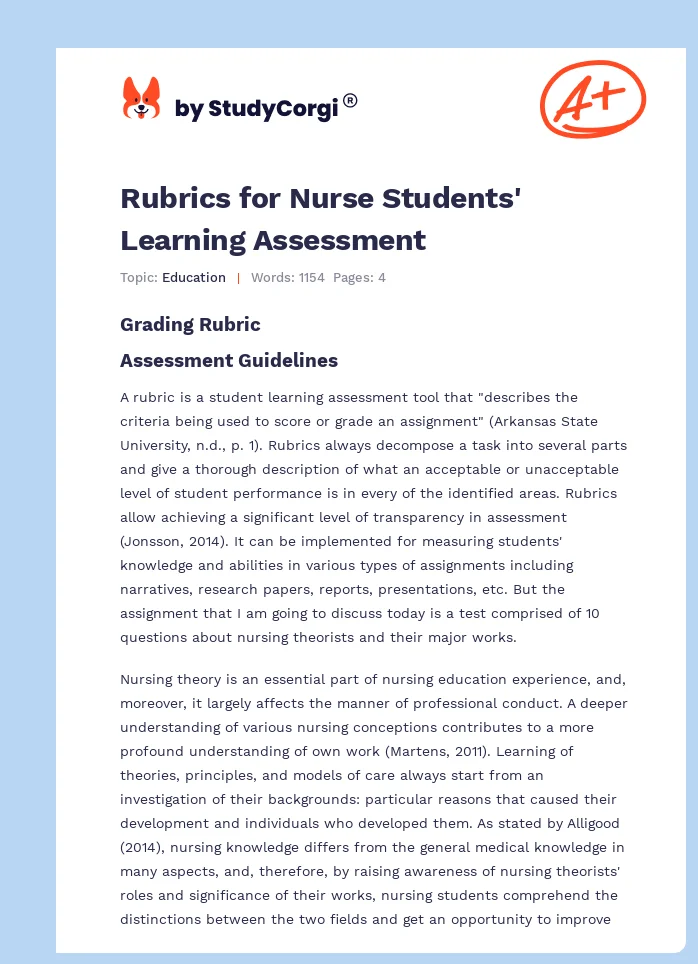 Rubrics for Nurse Students' Learning Assessment. Page 1