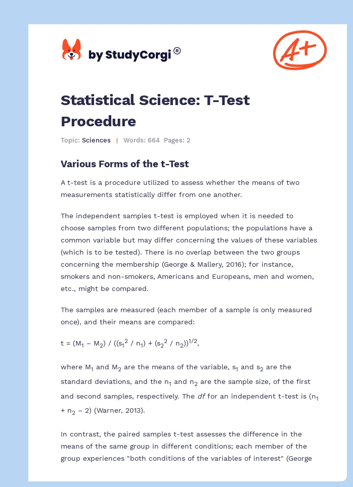 Statistical Science: T-Test Procedure. Page 1