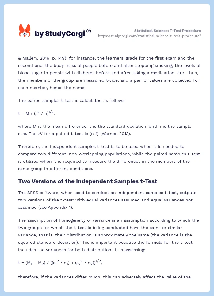 Statistical Science: T-Test Procedure. Page 2