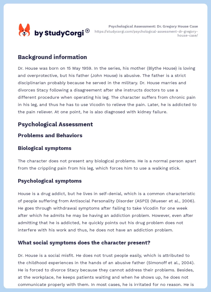 Psychological Assessment: Dr. Gregory House Case. Page 2