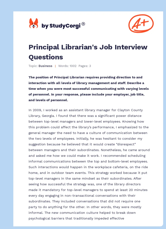 Principal Librarian's Job Interview Questions. Page 1