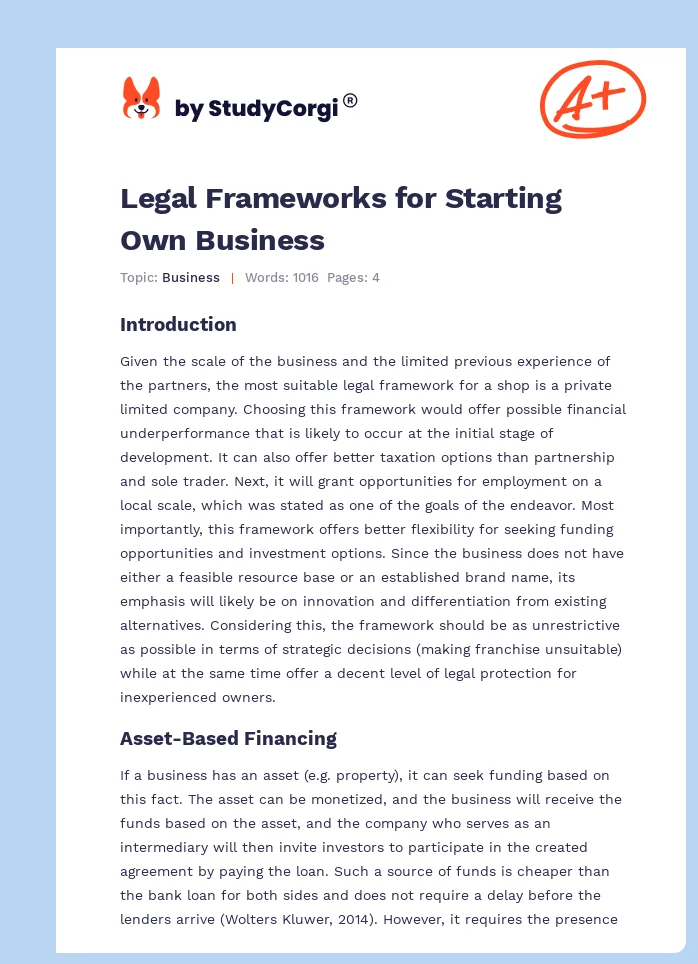 Legal Frameworks for Starting Own Business. Page 1