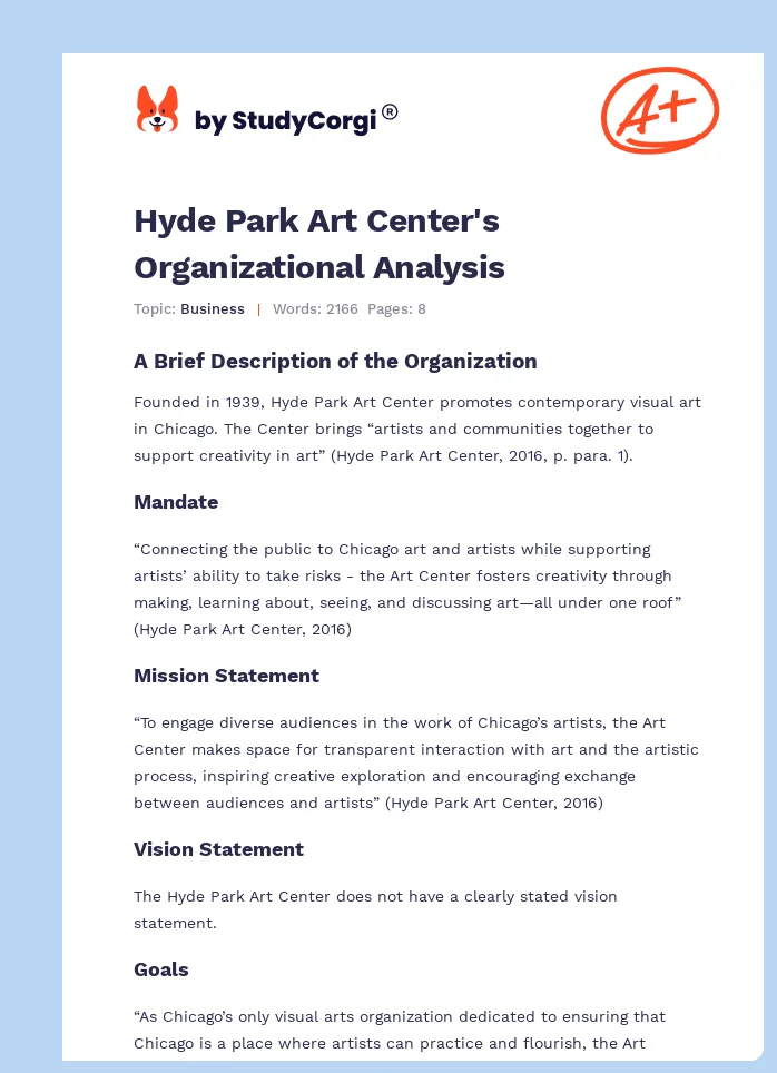 Hyde Park Art Center's Organizational Analysis. Page 1
