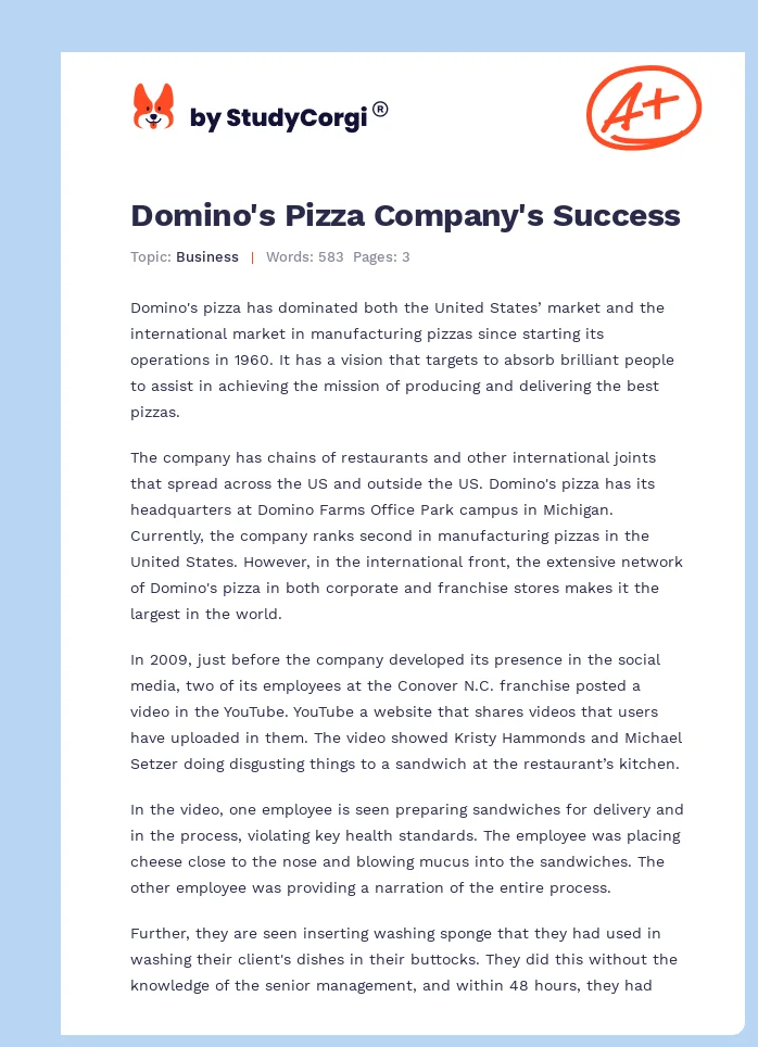 Domino's Pizza Company's Success. Page 1