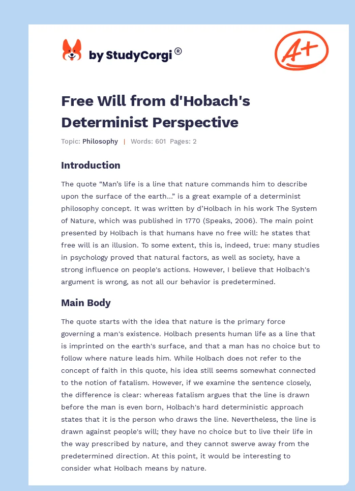 Free Will from d'Hobach's Determinist Perspective. Page 1