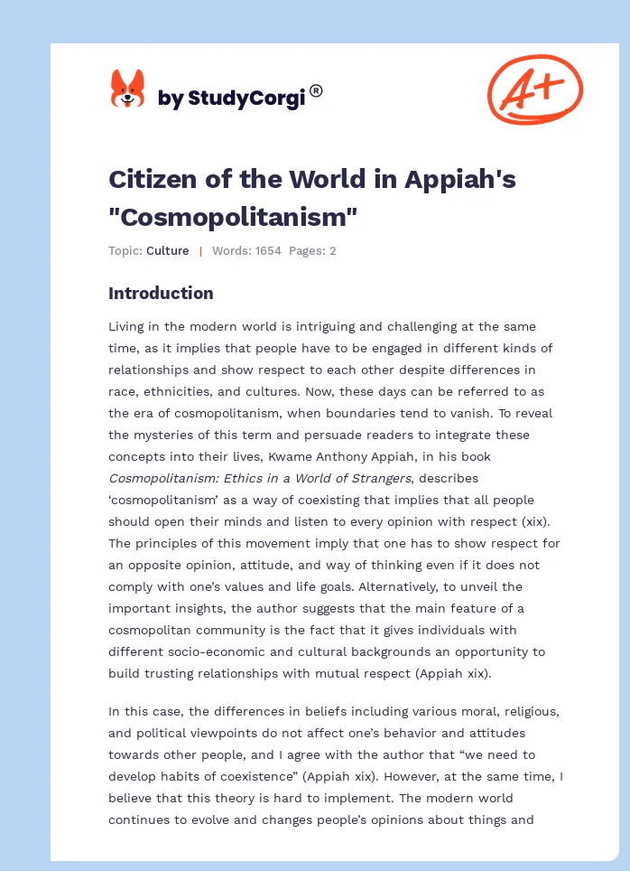 Citizen of the World in Appiah's "Cosmopolitanism". Page 1