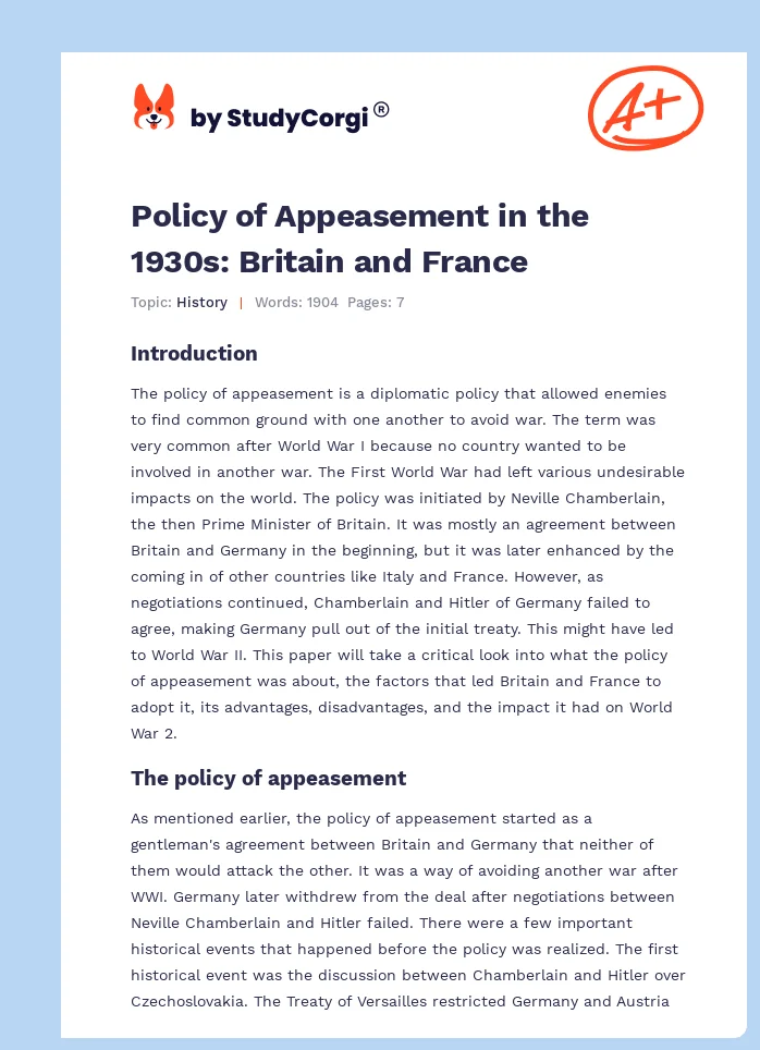 Policy of Appeasement in the 1930s: Britain and France. Page 1