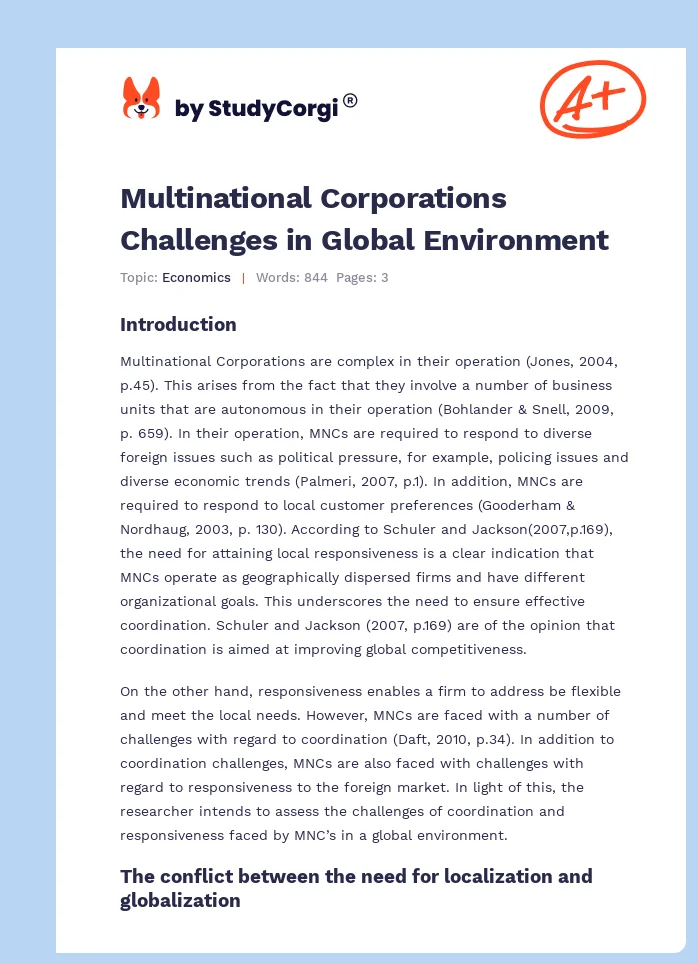 Multinational Corporations Challenges in Global Environment. Page 1