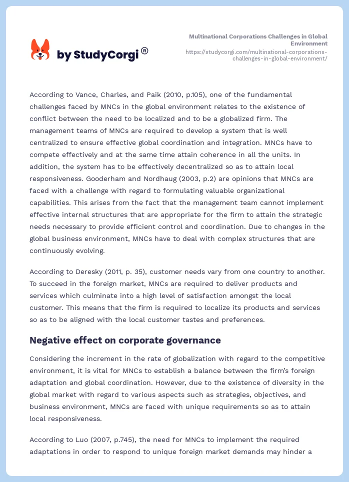 Multinational Corporations Challenges in Global Environment. Page 2