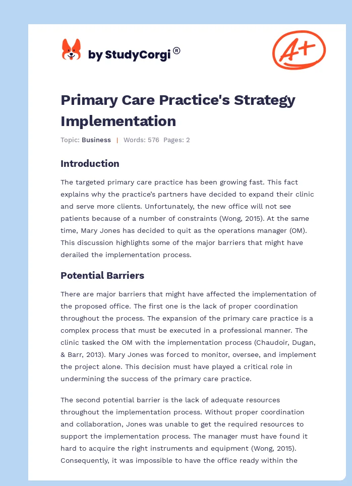 Primary Care Practice's Strategy Implementation. Page 1