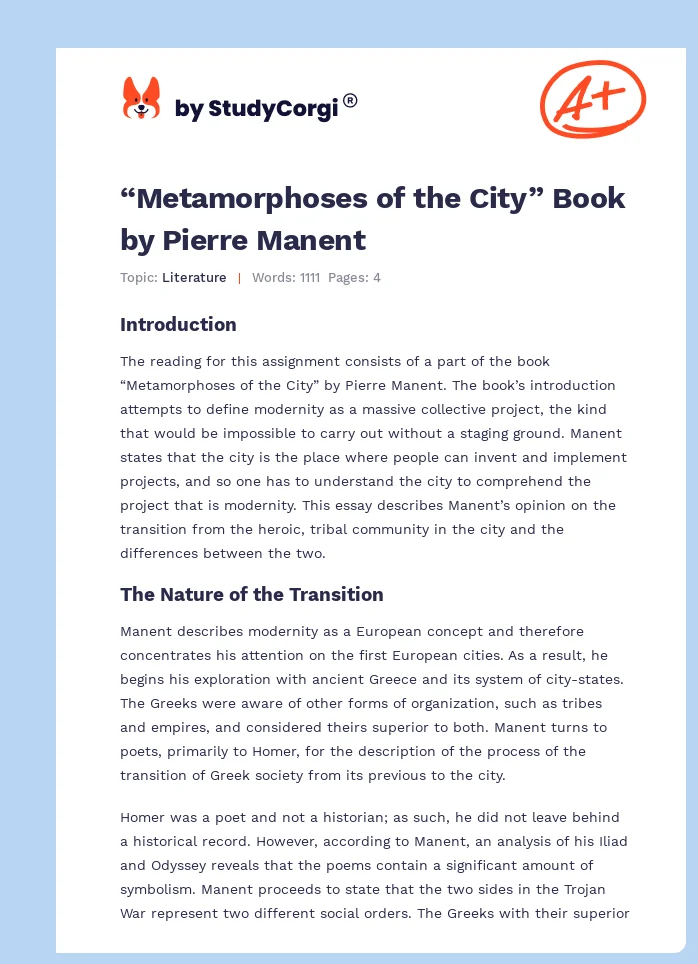 “Metamorphoses of the City” Book by Pierre Manent. Page 1