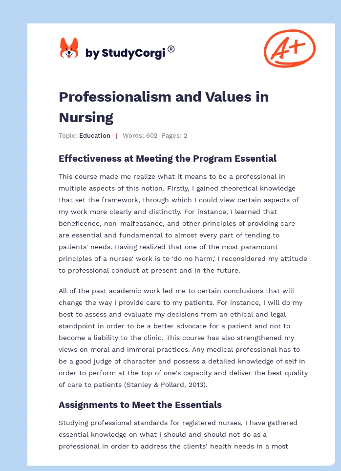 Professionalism and Values in Nursing. Page 1