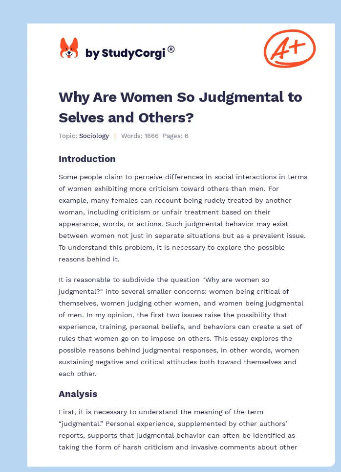 Why Are Women So Judgmental to Selves and Others?. Page 1