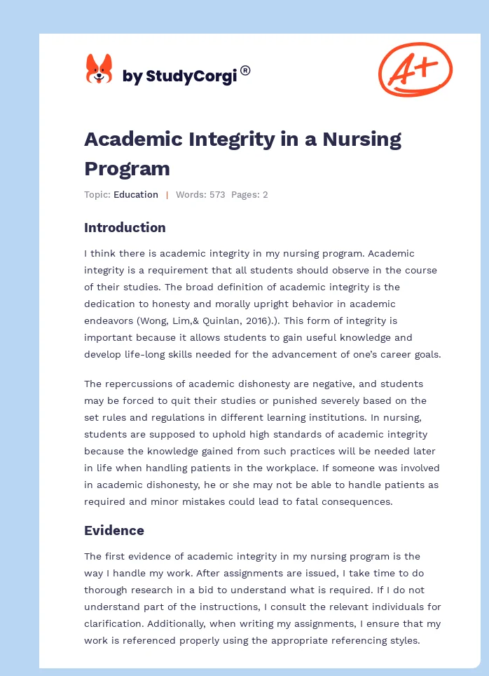 Academic Integrity in a Nursing Program. Page 1