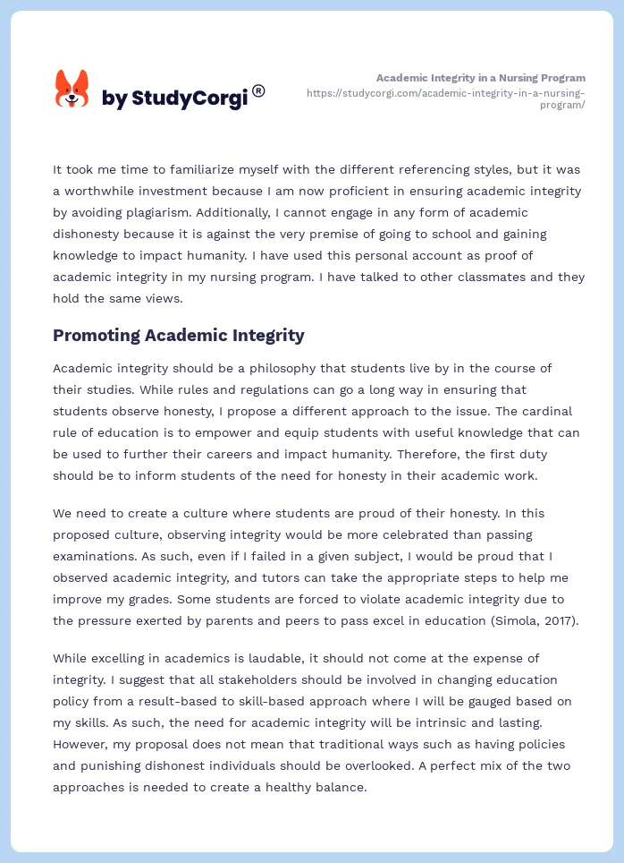 Academic Integrity in a Nursing Program. Page 2