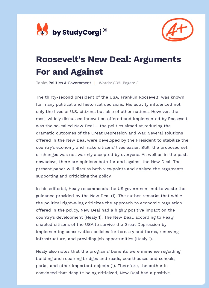 Roosevelt's New Deal: Arguments For and Against. Page 1
