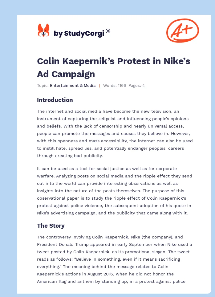 Colin Kaepernik’s Protest in Nike’s Ad Campaign. Page 1