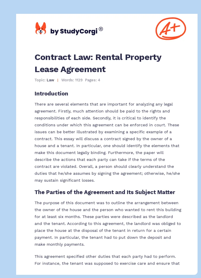 Contract Law: Rental Property Lease Agreement. Page 1