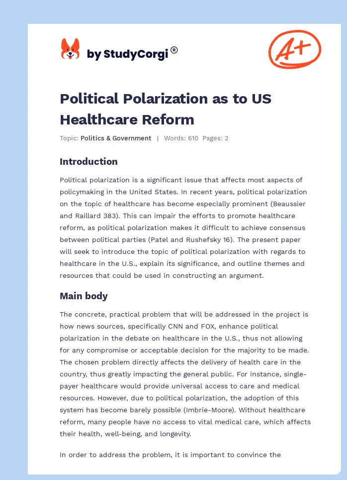 Political Polarization as to US Healthcare Reform. Page 1
