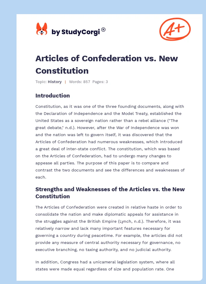 Articles of Confederation vs. New Constitution. Page 1