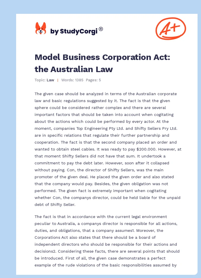 Model Business Corporation Act: the Australian Law. Page 1