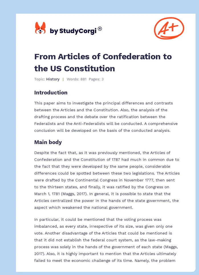 From Articles of Confederation to the US Constitution. Page 1