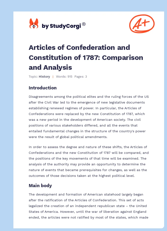 Articles of Confederation and Constitution of 1787: Comparison and Analysis. Page 1